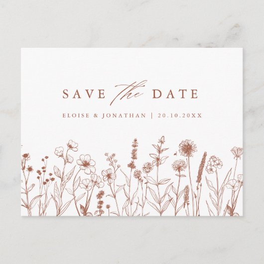 Terracotta Rustikale Wildblume Save the Date Postkarte (Vorderseite)