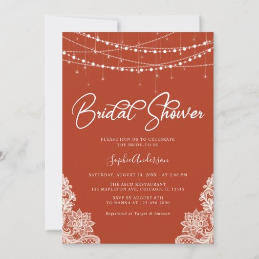 Terracotta Rustikales String Lights Brautparty Einladung (Vorderseite)