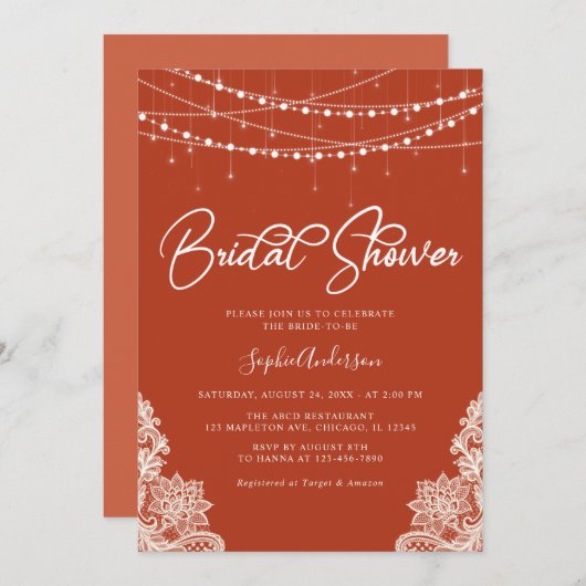Terracotta Rustikales String Lights Brautparty Einladung (Vorne/Hinten)