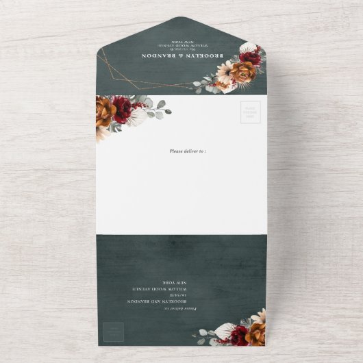 Terracotta Sage Burgund Bloral Geometric Wedding All In One Einladung (Außenbereich)
