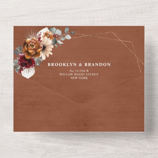 Terracotta Sage Burgund Bloral Geometric Wedding All In One Einladung (Rückseite)
