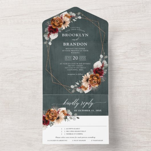 Terracotta Sage Burgund Bloral Geometric Wedding All In One Einladung (Innen Boden)