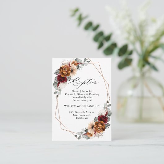 Terracotta Sage Burgund Bloral Geometric Wedding Begleitkarte (Stehend Vorderseite)