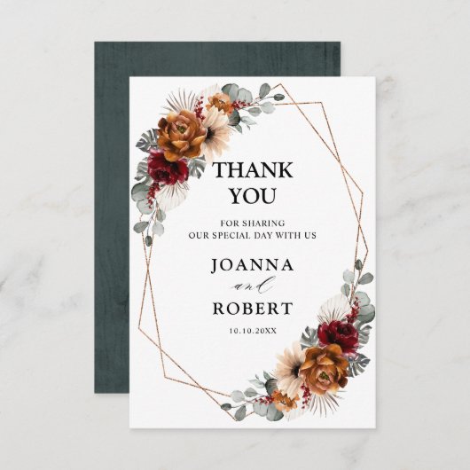 Terracotta Sage Burgund Bloral Geometric Wedding Dankeskarte (Vorne/Hinten)