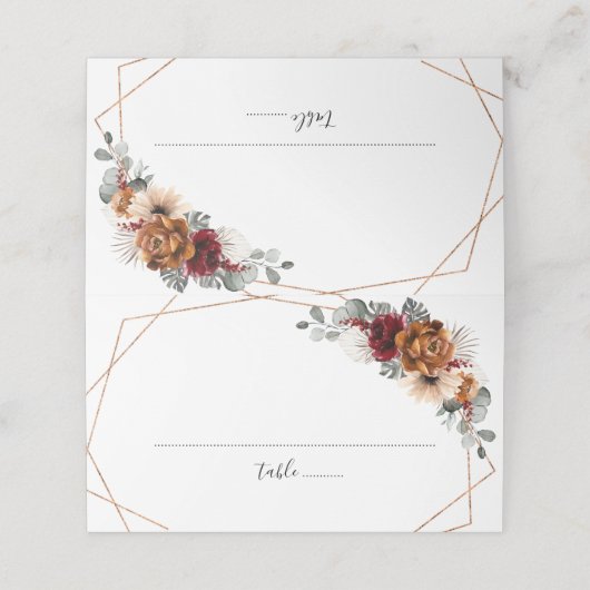 Terracotta Sage Burgund Bloral Geometric Wedding Platzkarte (Außenseite Aufgefaltet)