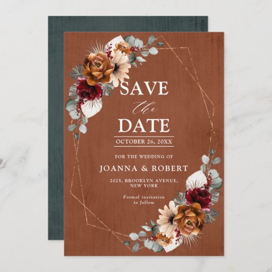 Terracotta Sage Burgund Bloral Geometric Wedding Save The Date (Vorne/Hinten)