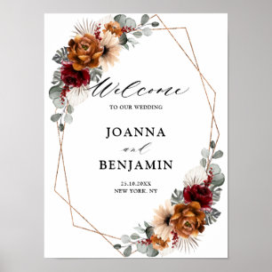Terracotta Sage Burgundy Geometric Wedding Willkom Poster