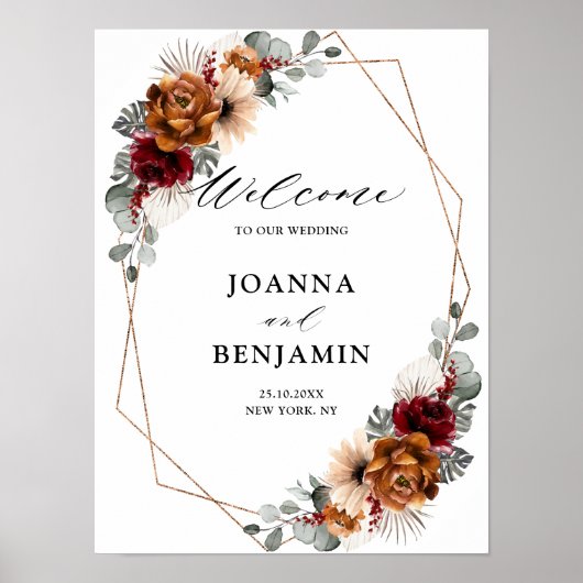 Terracotta Sage Burgundy Geometric Wedding Willkom Poster (Vorne)