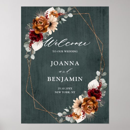 Terracotta Sage Burgundy Geometric Wedding Willkom Poster (Vorne)
