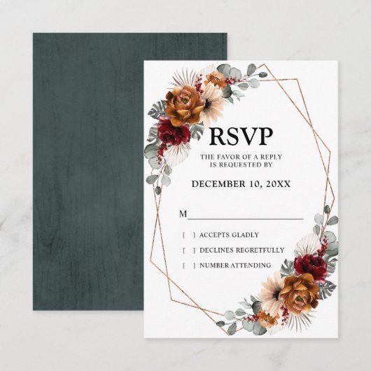 Terracotta Sage Burgundy Greenery Geometric Weddin RSVP Karte (Vorne/Hinten)