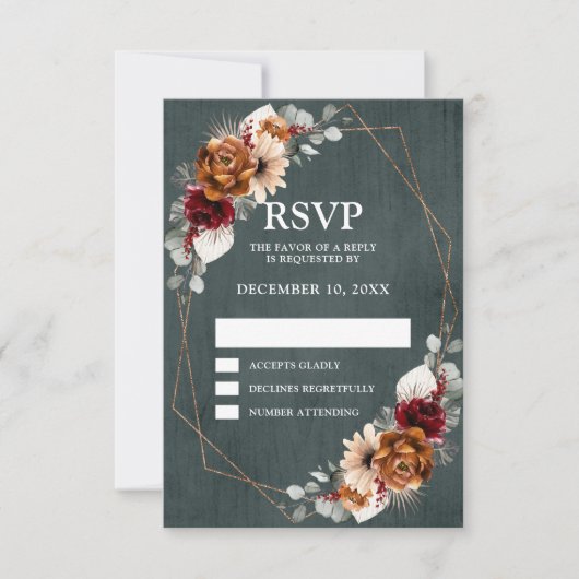 Terracotta Sage Burgundy Greenery Geometric Weddin RSVP Karte (Vorderseite)
