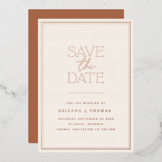 Terracotta Save the Date Rose Gold Folieneinladung (Vorderseite/Rückseite)