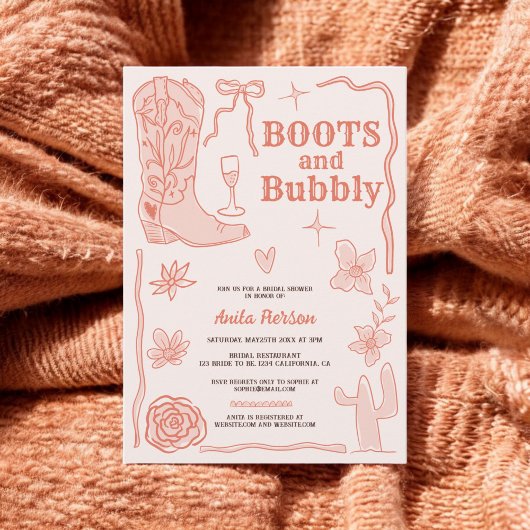 Terracotta scribbles boots bubbly Brautparty Einladung