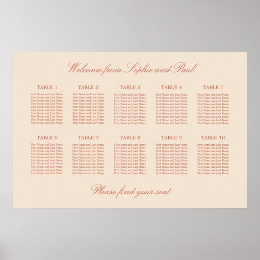 Terracotta Script 10 Table Seating Chart Poster (Vorne)