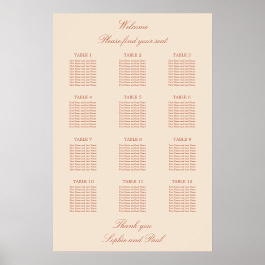 Terracotta Script 12 Table Wedding Seating Poster (Vorne)