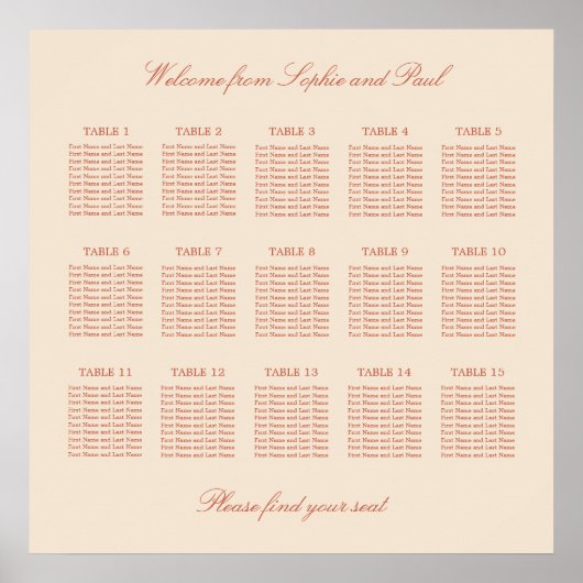 Terracotta Script 15 Table Wedding Seating Poster (Vorne)