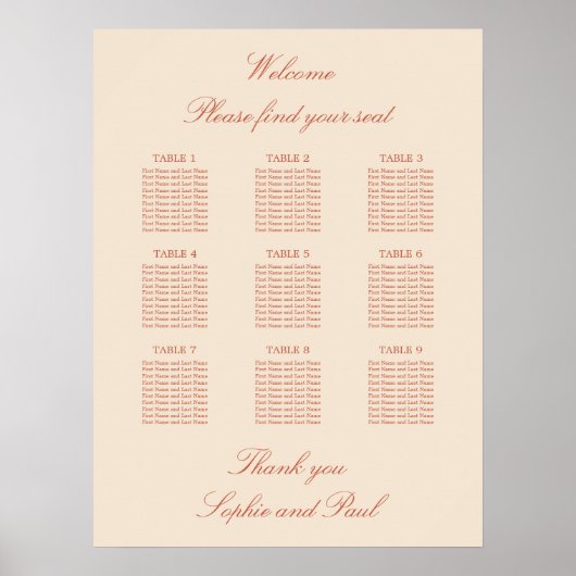 Terracotta Script 9 Table Wedding Poster (Vorne)