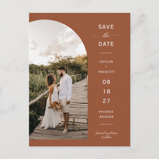 Terracotta Script Arch Foto QR Code Save the Date Postkarte (Vorderseite)