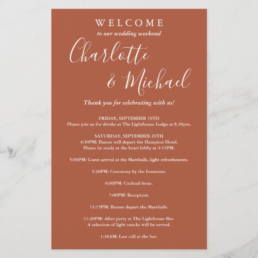 Terracotta Script Guest Wedding Weekend Program (Vorderseite)