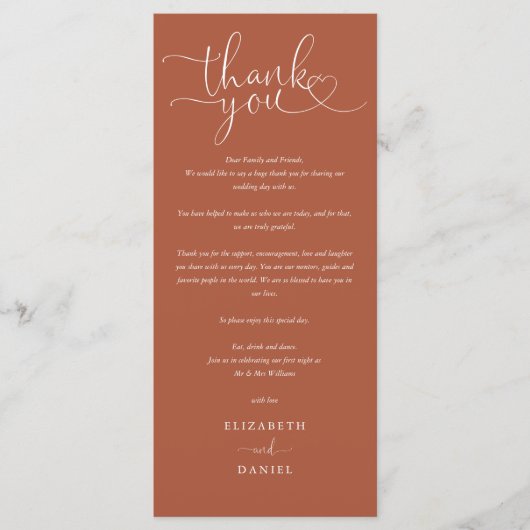 Terracotta Script Wedding Danke Platzkarte Menükarte (Vorderseite)