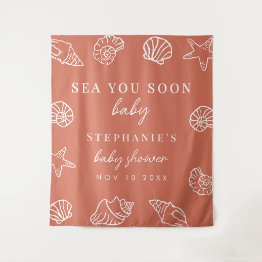 Terracotta Sea You Soon Beach Baby Shower Backdrop Wandteppich (Vorderseite)