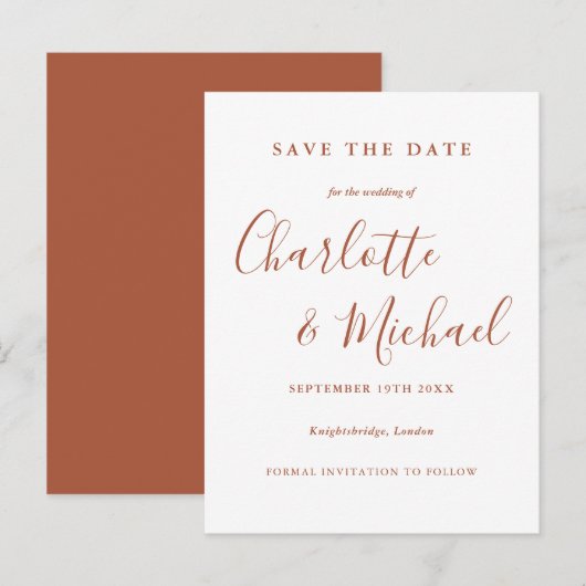 Terracotta Signature Script Hochzeit Speichern Sie Postkarte (Vorne/Hinten)