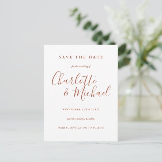 Terracotta Signature Script Hochzeit Speichern Sie Postkarte (Stehend Vorderseite)