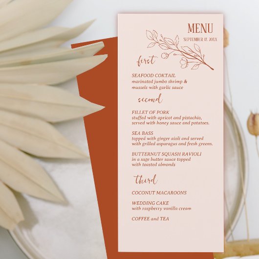 Terracotta Simple Boho Floral Wedding Menu Menükarte