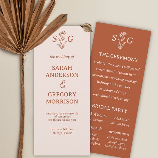 Terracotta Simple Boho Floral Wedding Program