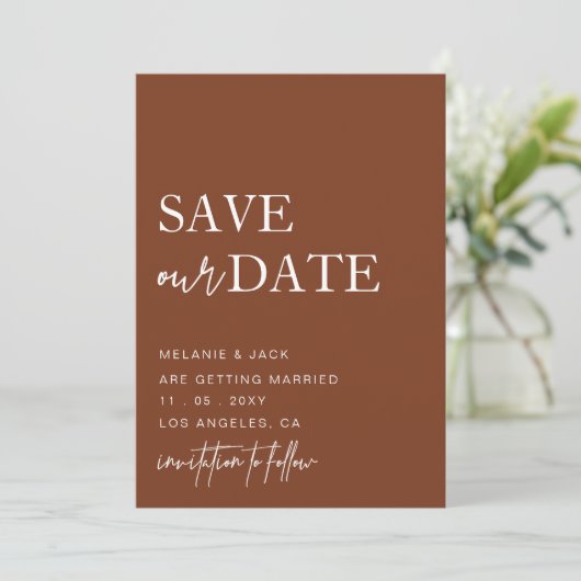 Terracotta Simple Calligraphy Save the Date (Stehend Vorderseite)