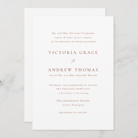 Terracotta Simple Typografy Formal Wedding Einladung (Vorne/Hinten)