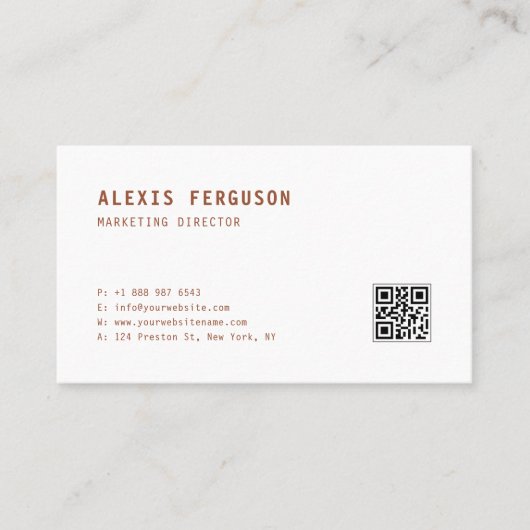 Terracotta Simple Typography QR Code Minimalist Visitenkarte (Vorderseite)