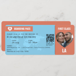 Terracotta & Sky Blue Boarding Pass Wedding Einladung