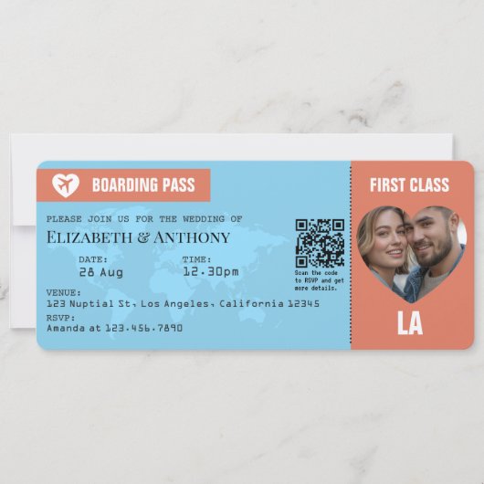 Terracotta & Sky Blue Boarding Pass Wedding Einladung (Vorderseite)
