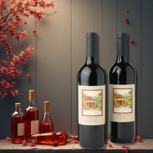 Terracotta Spanish Hacienda Hochzeit in Urlaubsort Weinetikett