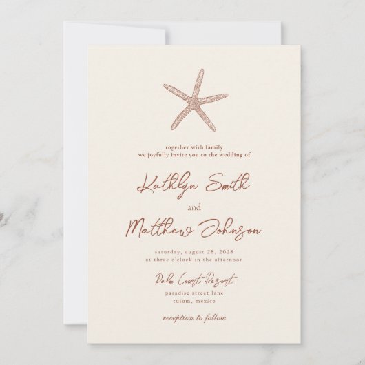 Terracotta Starfish Beach Hochzeit in Urlaubsort Einladung (Vorderseite)