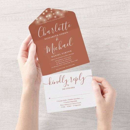 Terracotta String Lights Elegante Script Wedding All In One Einladung (Abreißen)