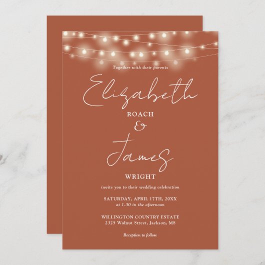 Terracotta String Lights Elegante Script Wedding Einladung (Vorne/Hinten)