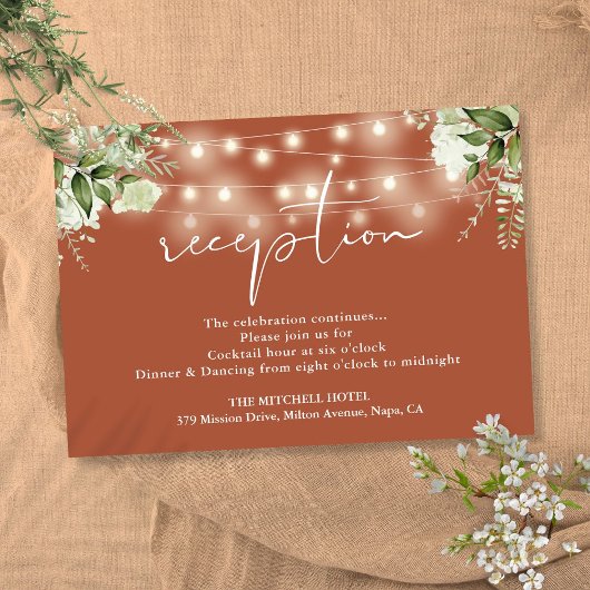 Terracotta String Lights Floral Wedding Empfang Begleitkarte
