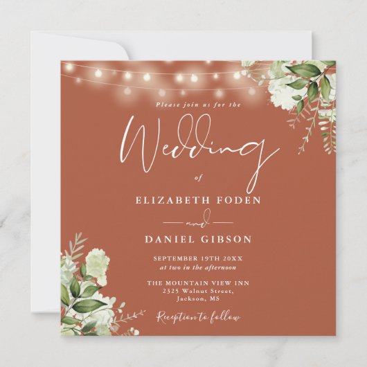 Terracotta String Lights Foto Wedding Einladung (Vorderseite)