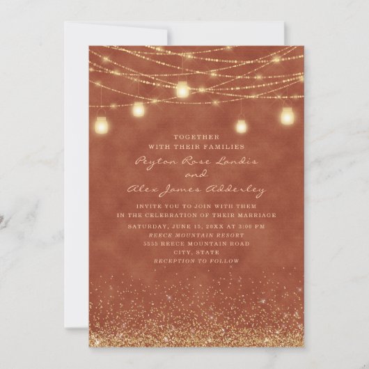 Terracotta String Lights Gold Glitzer Wedding Einladung (Vorderseite)