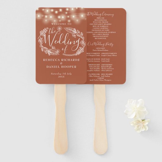 Terracotta String Lights Hochzeitsprogramm Fächer (Vorne und Hinten)