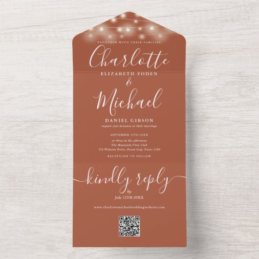Terracotta String Lights QR Code Monogram Wedding All In One Einladung (Innen Boden)