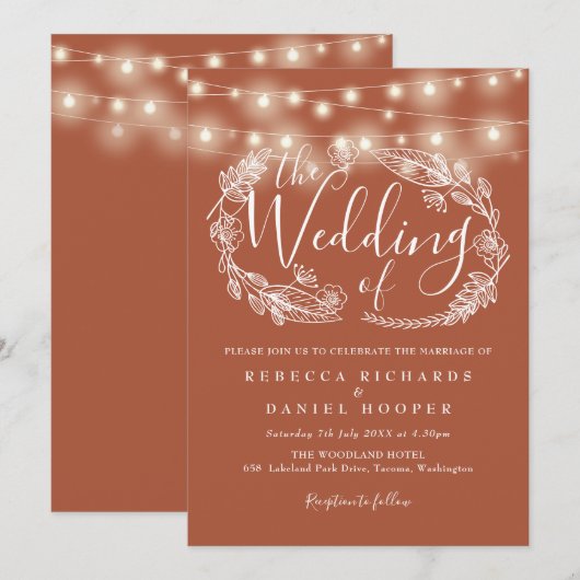 Terracotta String Lights Script Wedding Einladung (Vorne/Hinten)