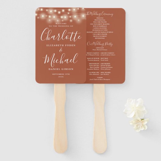 Terracotta String Lights Script Wedding Program Fächer (Vorne und Hinten)