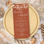 Terracotta String Lights Signature Wedding Menu Menükarte<br><div class="desc">Elegante Terracotta Hochzeitskarte mit hübschen Streichellichtern und Signaturstil-Namen. Diese moderne Speisekarte kann mit Ihren Informationen in schicken weißen Schriftzeichen personalisiert werden. Entwickelt von Thisisnotme©</div>