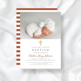 Terracotta Stripes Religiöse Cross Foto Taufe Einladung