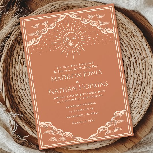 Terracotta Sun and Moon Tarot Gotische Hochzeit Einladung