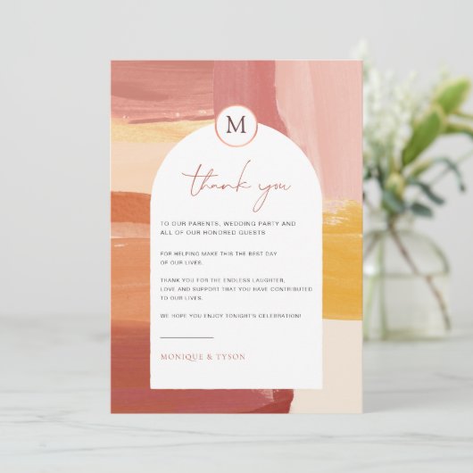 Terracotta Sunrise | Hochzeitstisch Vielen Dank Dankeskarte (Stehend Vorderseite)