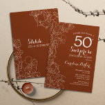 Terracotta Surprise 50. Geburtstagsparty Einladung<br><div class="desc">Floral Terracotta Boho Burnt Orange Überraschung 50. Geburtstag Party Einladung. Minimalistisches modernes Design mit botanischen Akzenten und Typografie-Script-Schriftart. Einfache florale Einladungskarte perfekt für eine stilvolle weibliche Überraschung am Tag. Kann für jedes Alter angepasst werden. Gedruckte Zazzle Einladungen oder Sofortdownload digitalen druckbaren Vorlage.</div>